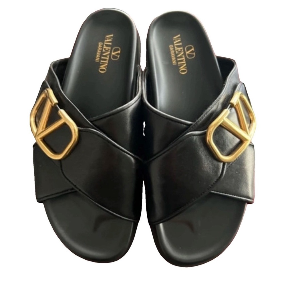 Valentino Women's Black Slide Sandals with Gold Accent